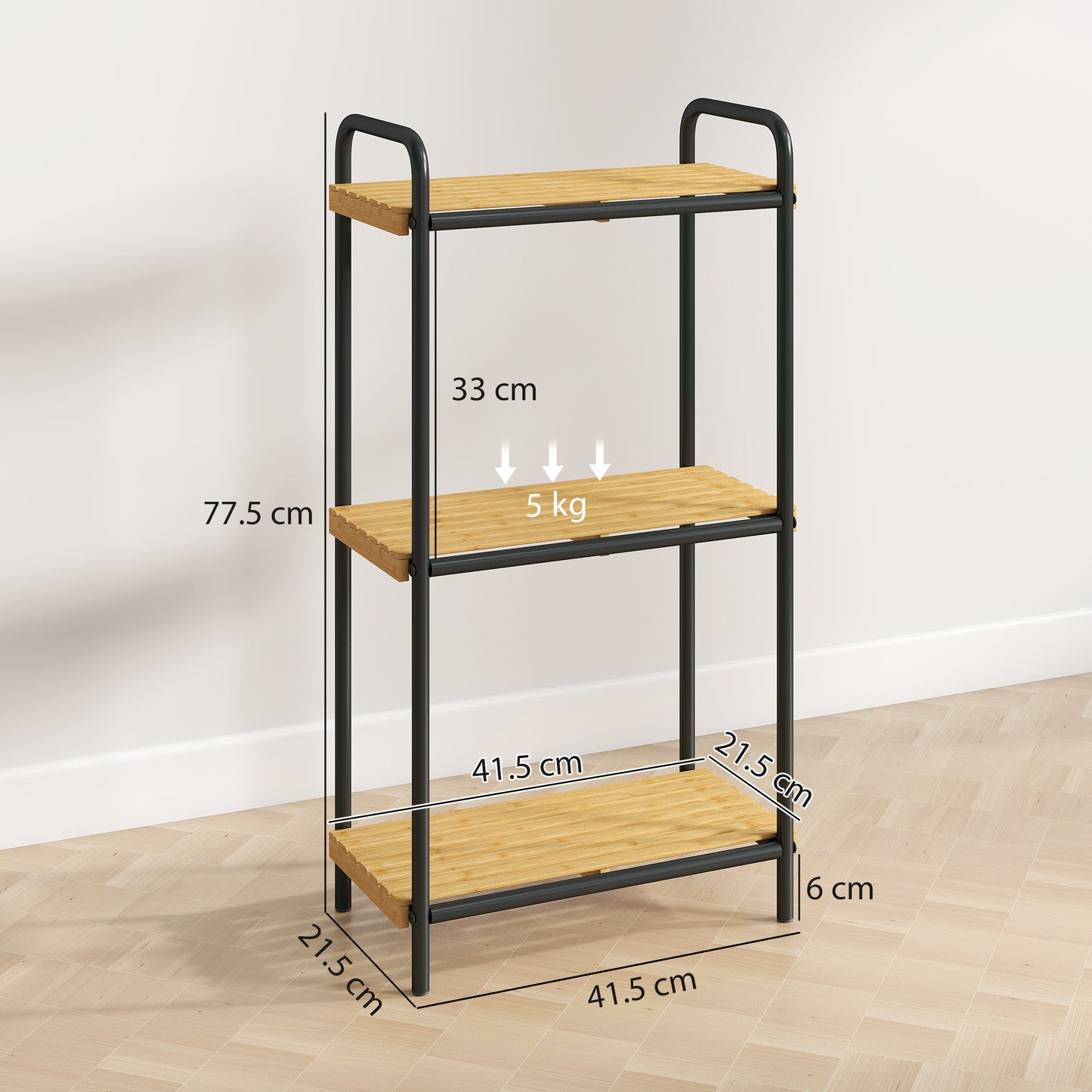 3-Tier Bamboo Bathroom Storage Shelf, Freestanding Narrow Shelving Unit with Slatted Shelves for Kitchen Bathroom Living Room