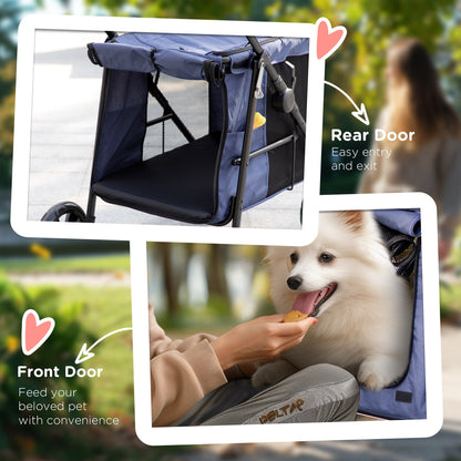 Dog Pram Dog Stroller 4 Wheels Pet Pushchair with Rolling Door, Cushion, Safety Leashes, for Small and Medium Breeds