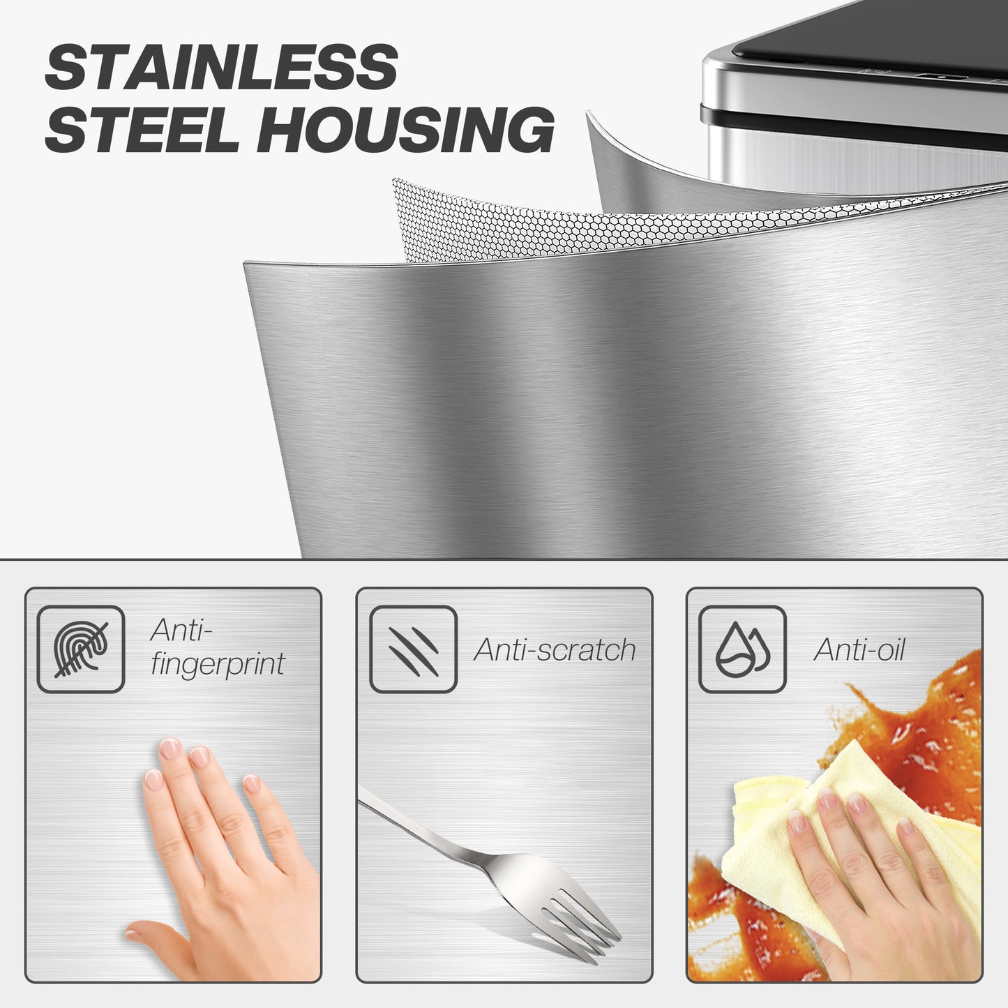 40L Sensor Bin with Soft-Close Lid, Stainless Steel Automatic Touchless Motion Sensor Kitchen Bin, Silver Tone