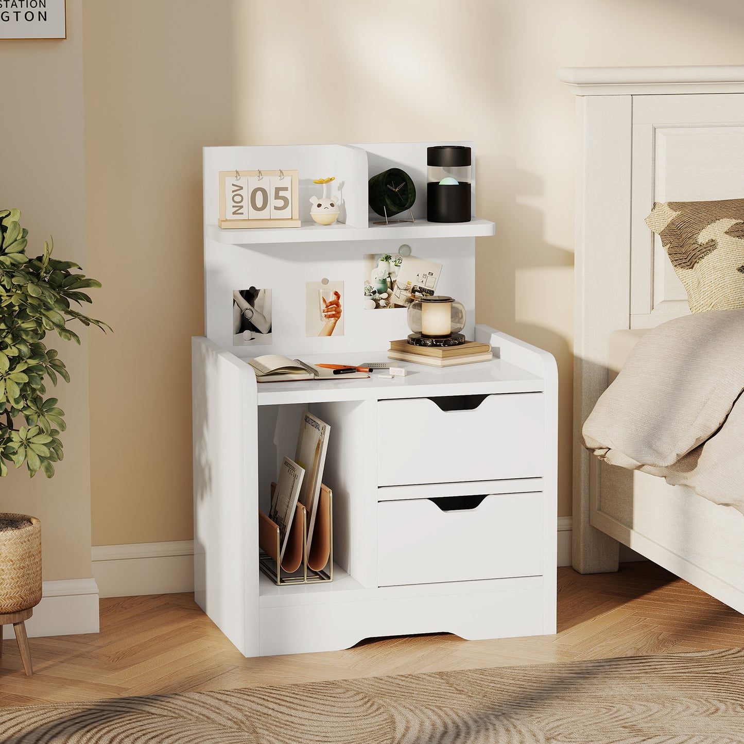 Bedside Table with 2 Drawers and Open Shelves - High Gloss White