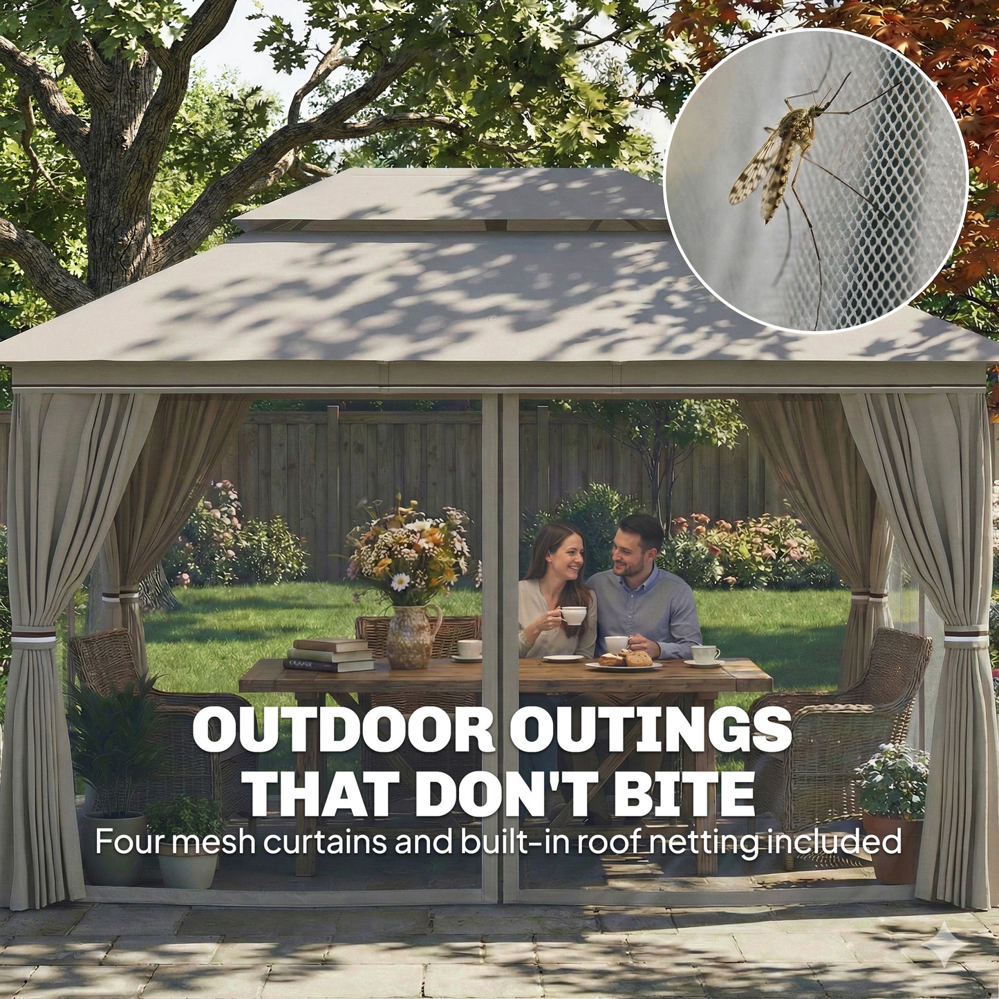 3 x 4 m Outdoor Garden Gazebo with Netting and Curtains, UPF50+ Patio Gazebo Permanent Pavilion Canopy, Beige
