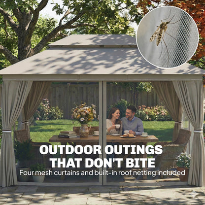 3 x 4 m Outdoor Garden Gazebo with Netting and Curtains, UPF50+ Patio Gazebo Permanent Pavilion Canopy, Beige