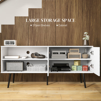 TV Stand with Cupboard, Open Shelves, Striped Doors, Wooden legs, White
