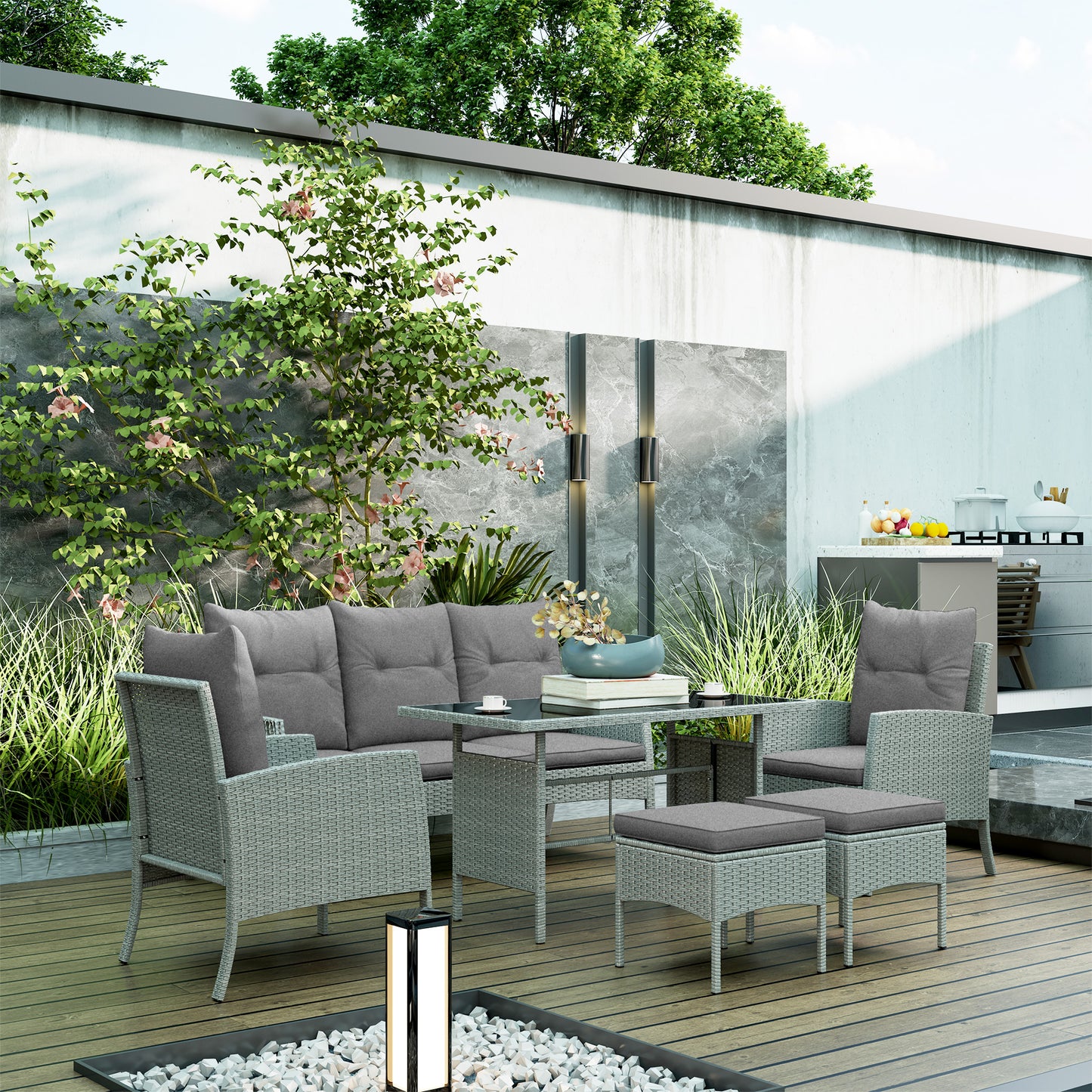 7 Seater Rattan Garden Furniture Set, 6 Piece Patio Dining Set, Armchairs, 3-Seater Sofa, Footstools, Glass Dining Table