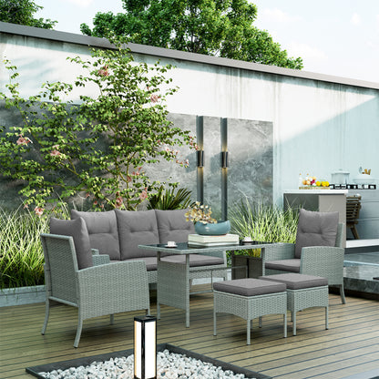 7 Seater Rattan Garden Furniture Set, 6 Piece Patio Dining Set, Armchairs, 3-Seater Sofa, Footstools, Glass Dining Table