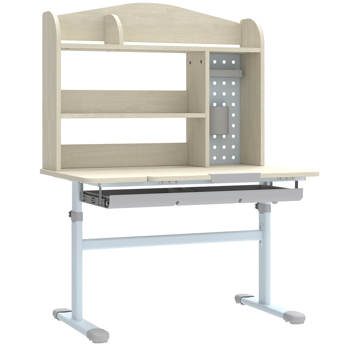 Kids Desk Height Adjustable with Tilt-Desktop, Hutch, Drawer, Storage Shelf, Pegboard, for 3-12 Years Old, Natural