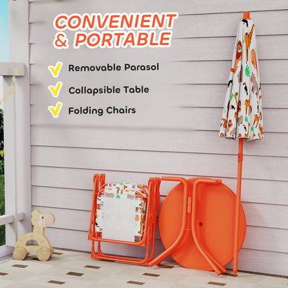 Kids Patio Set, Children Table and Chair Set, Outdoor Picnic Table with 2 Folding Chairs and Umbrella, Orange