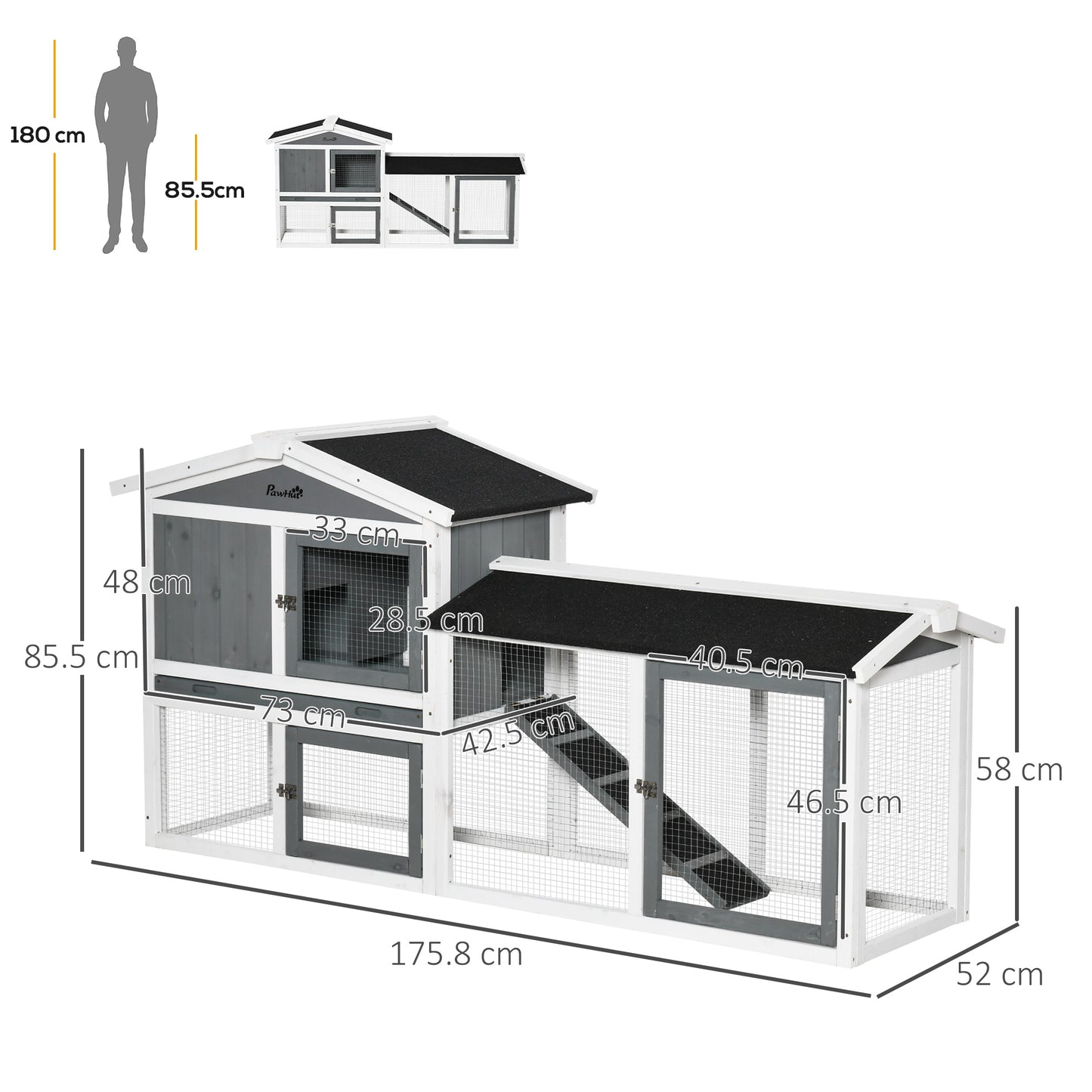 Rabbit Hutch Outdoor, 2-Tier Guinea Pig Hutch, Wooden Small Animal House with Rabbit Run Box, Slide-out Tray, Ramp