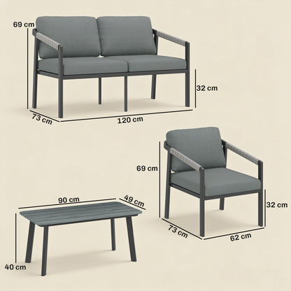 Aluminium Garden Furniture Set, 4 Seater Outdoor Patio Furniture with Loveseat, 2 Armchairs, Slatted Table