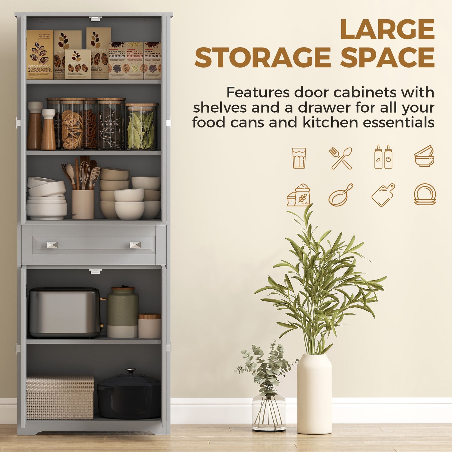 Freestanding Kitchen Cupboard, Storage Cabinet with 2 Adjustable Shelves, Drawer and Glass Door for Living Room, Grey