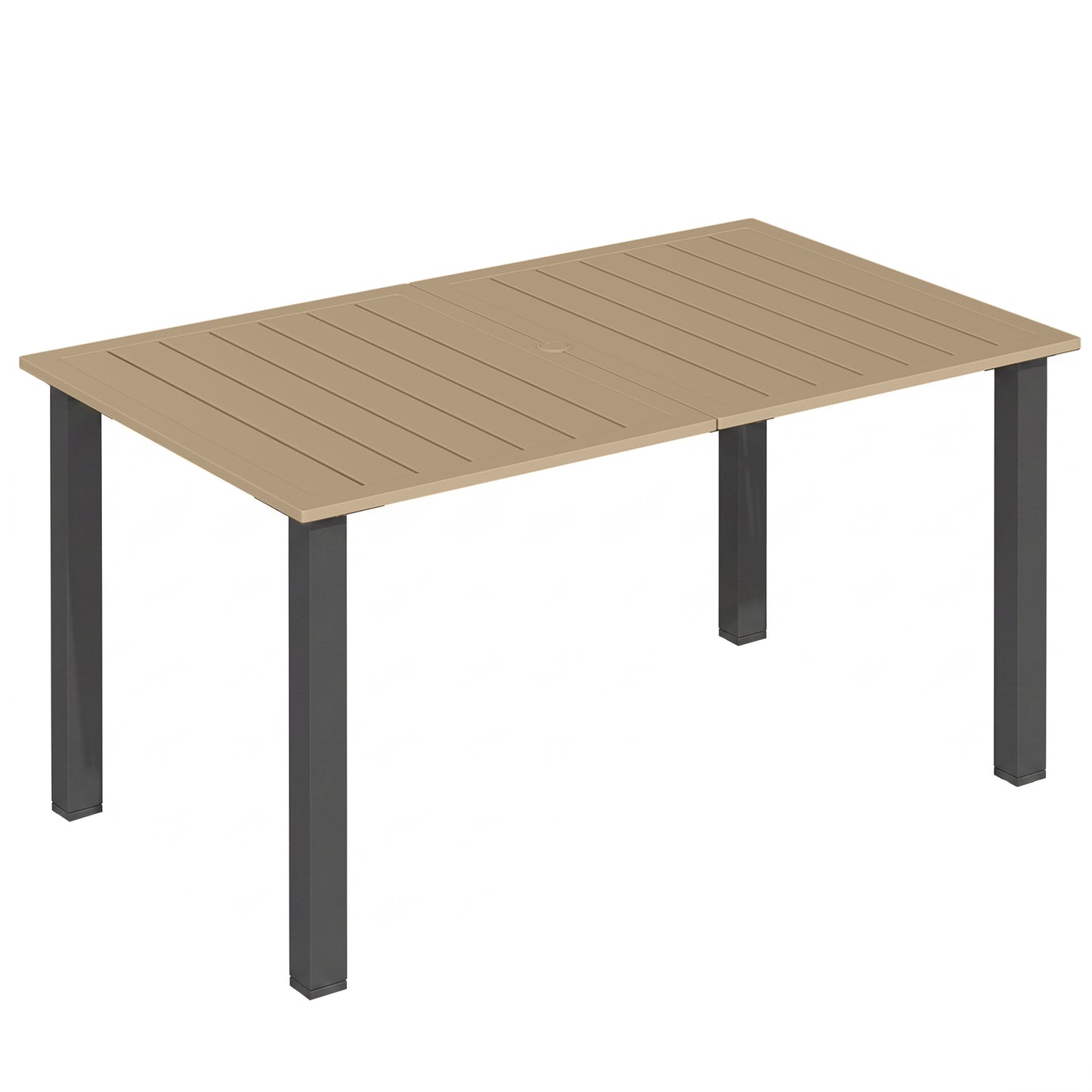 Garden Dining Table for 6 with Parasol Hole, Rectangle Outdoor Garden Table with Slatted Metal Top, Steel Frame, Brown