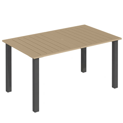 Garden Dining Table for 6 with Parasol Hole, Rectangle Outdoor Garden Table with Slatted Metal Top, Steel Frame, Brown