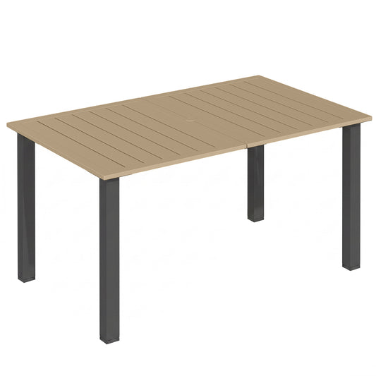 Garden Dining Table for 6 with Parasol Hole, Rectangle Outdoor Garden Table with Slatted Metal Top, Steel Frame, Brown