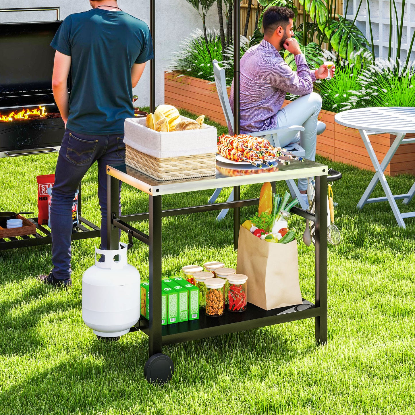 Outdoor Grill Dining Cart 2-Shelf Movable Pizza Oven Table Stand with Stainless Steel Top