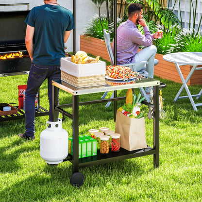 Outdoor Grill Dining Cart 2-Shelf Movable Pizza Oven Table Stand with Stainless Steel Top