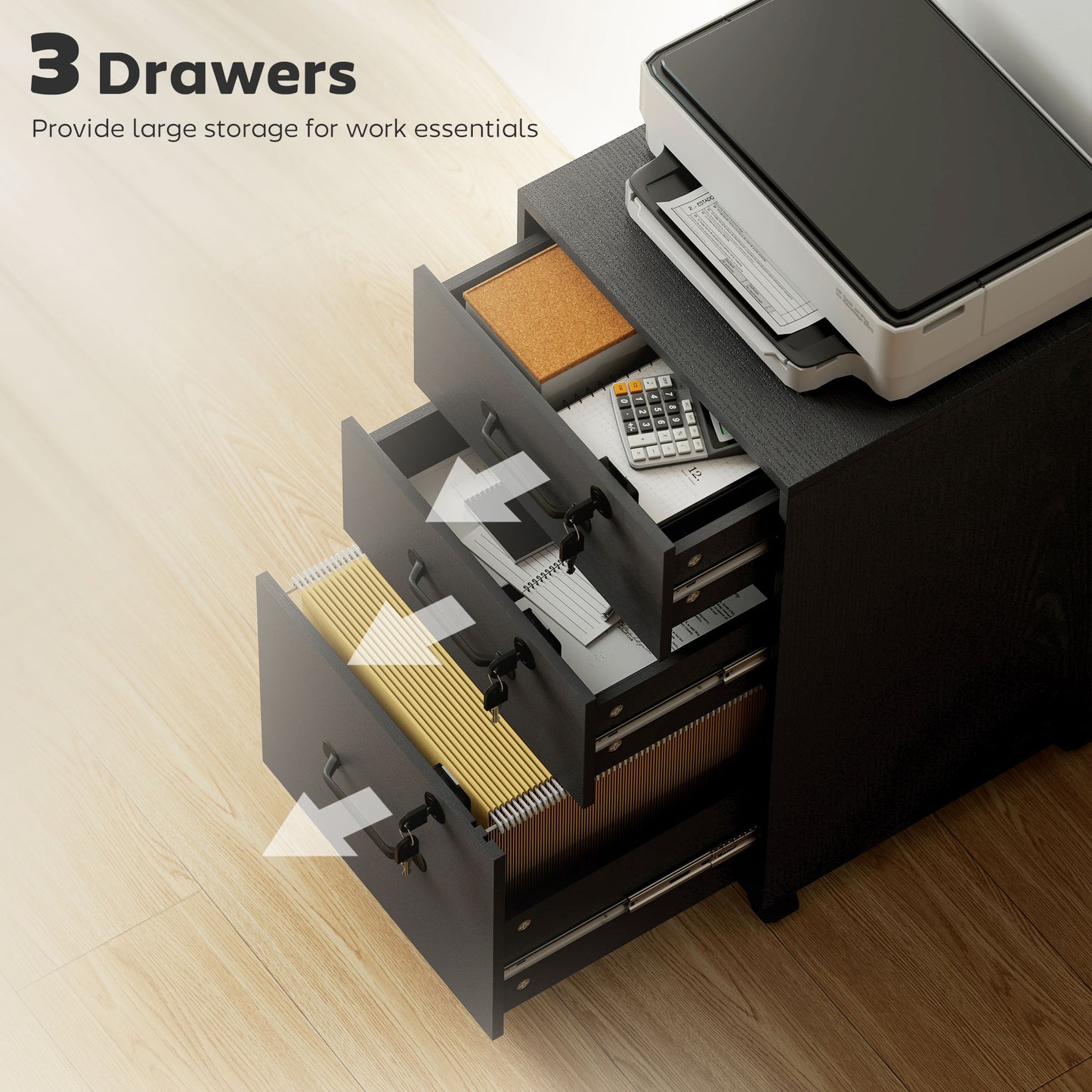 Three Drawer Wood-Effect Filing Cabinet - Black