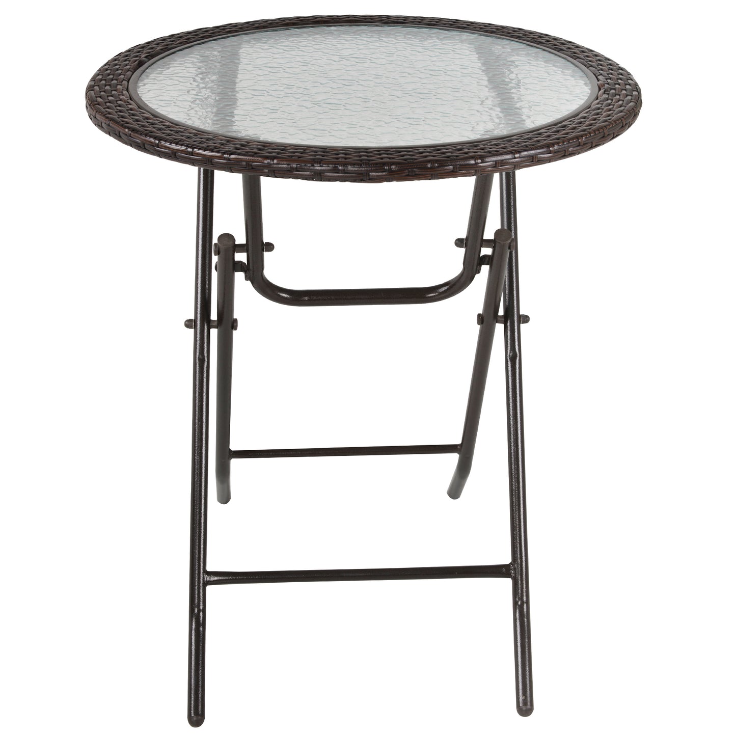 Folding Rattan Garden Dining Table, 68 cm Round Rattan Garden Table with Water Ripple Tempered Glass Top