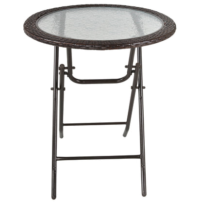 Folding Rattan Garden Dining Table, 68 cm Round Rattan Garden Table with Water Ripple Tempered Glass Top