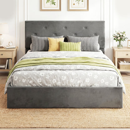 King Size Bed Frame Gas End Lift Under Bed Storage Upholstered Platform Bed Tufted Headboard for 150 x 200 cm Mattress