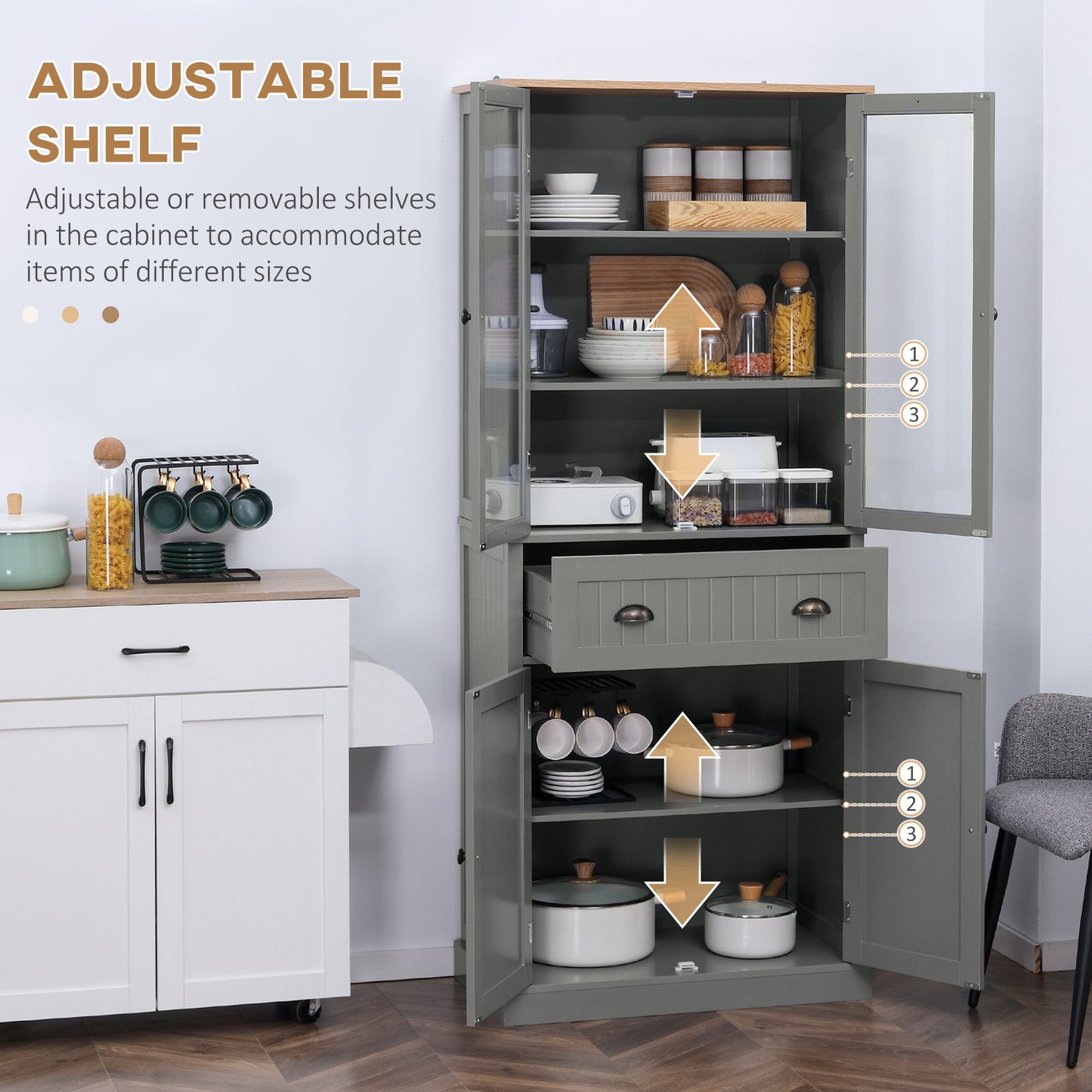180cm Tall Kitchen Pantry Cupboard, Freestanding Storage Cabinet with 5 Tier, Adjustable Shelves, Drawer, Grey