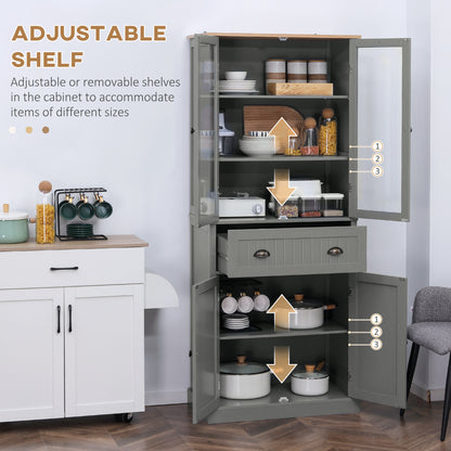 180cm Tall Kitchen Pantry Cupboard, Freestanding Storage Cabinet with 5 Tier, Adjustable Shelves, Drawer, Grey