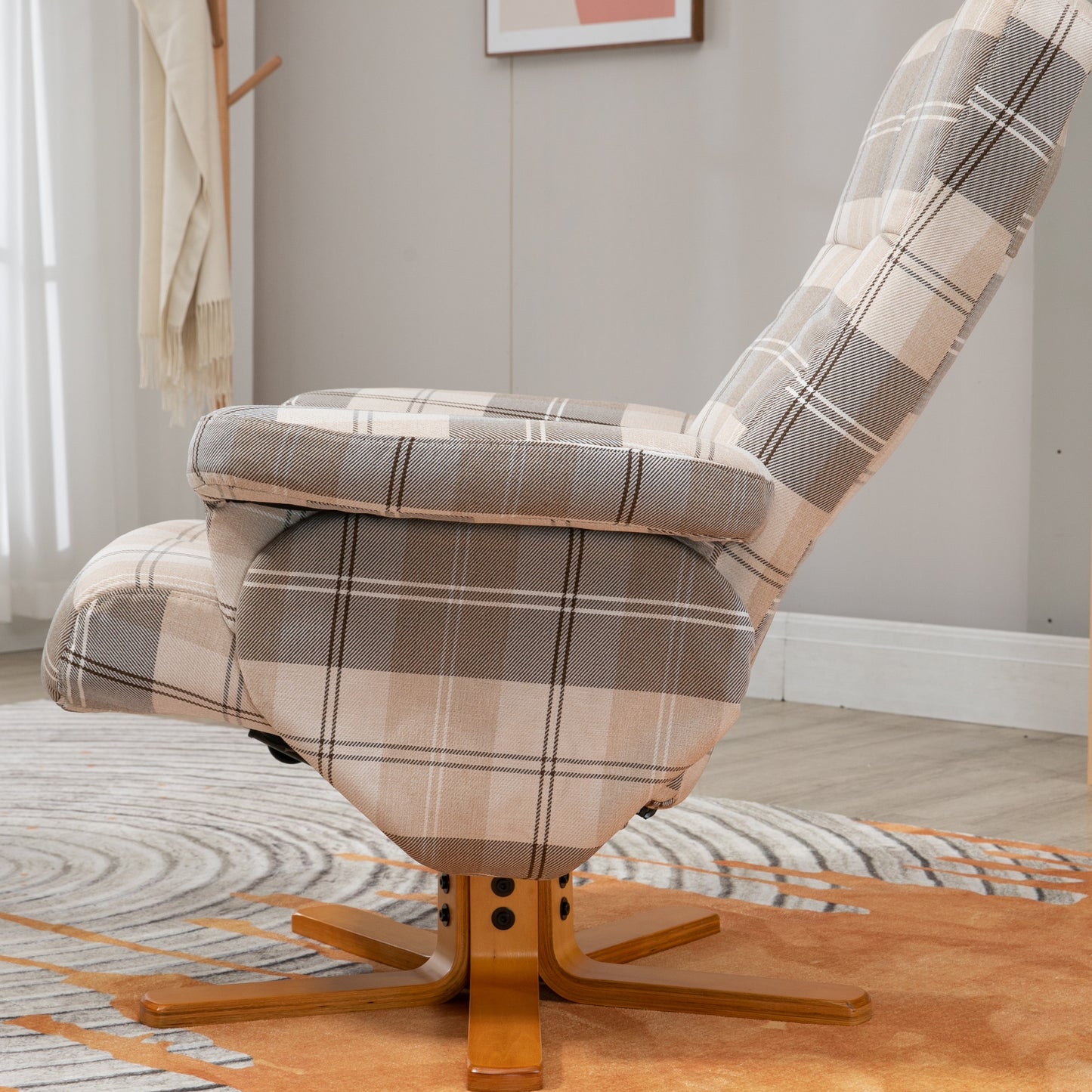Linen Swivel Recliner Chair with Footstool, Wooden Base and Storage for Living Room, Multicolour