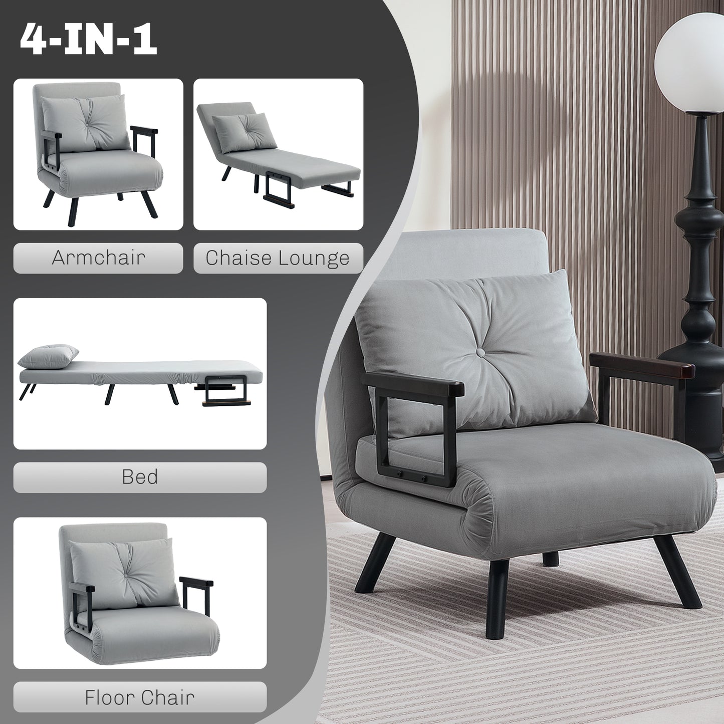 4-in-1 Velvet-Feel Single Chair Bed, with Pillow - Light Grey