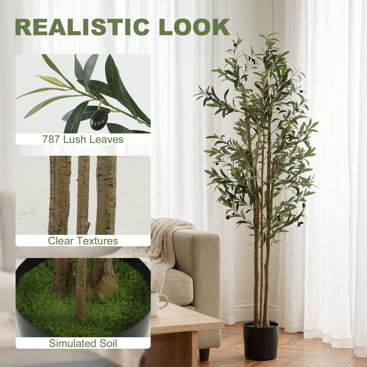 Decorative Artificial Plant, 175 cm Silk Olive Tree with 787 Leaves in Cement Pot, Fake Plant
