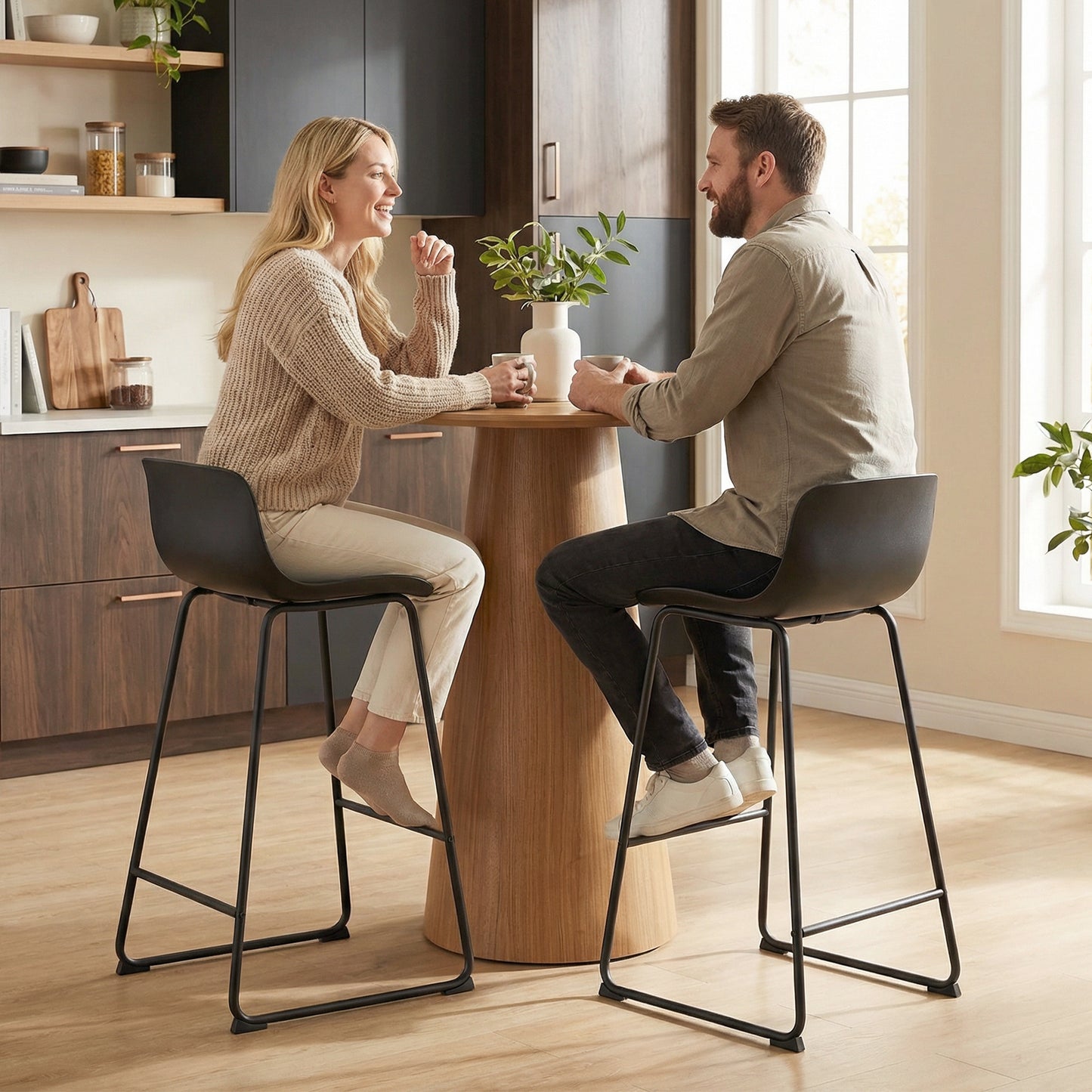 Modern Bar Stools Set of 2, PU Leather Barstools, Counter Height Kitchen Chairs for Breakfast Bars, Dining Room, Black