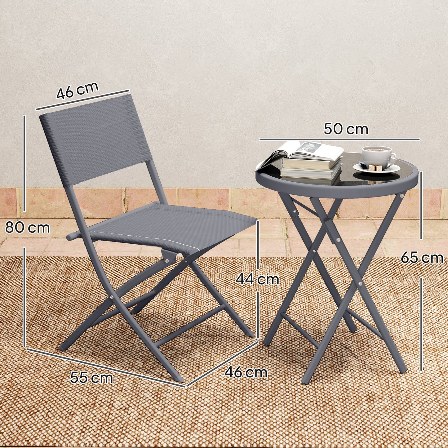 3 Pieces Outdoor Bistro Set, Glass Top Outdoor Table and 2 Folding Chairs with Protecting Feet, Grey