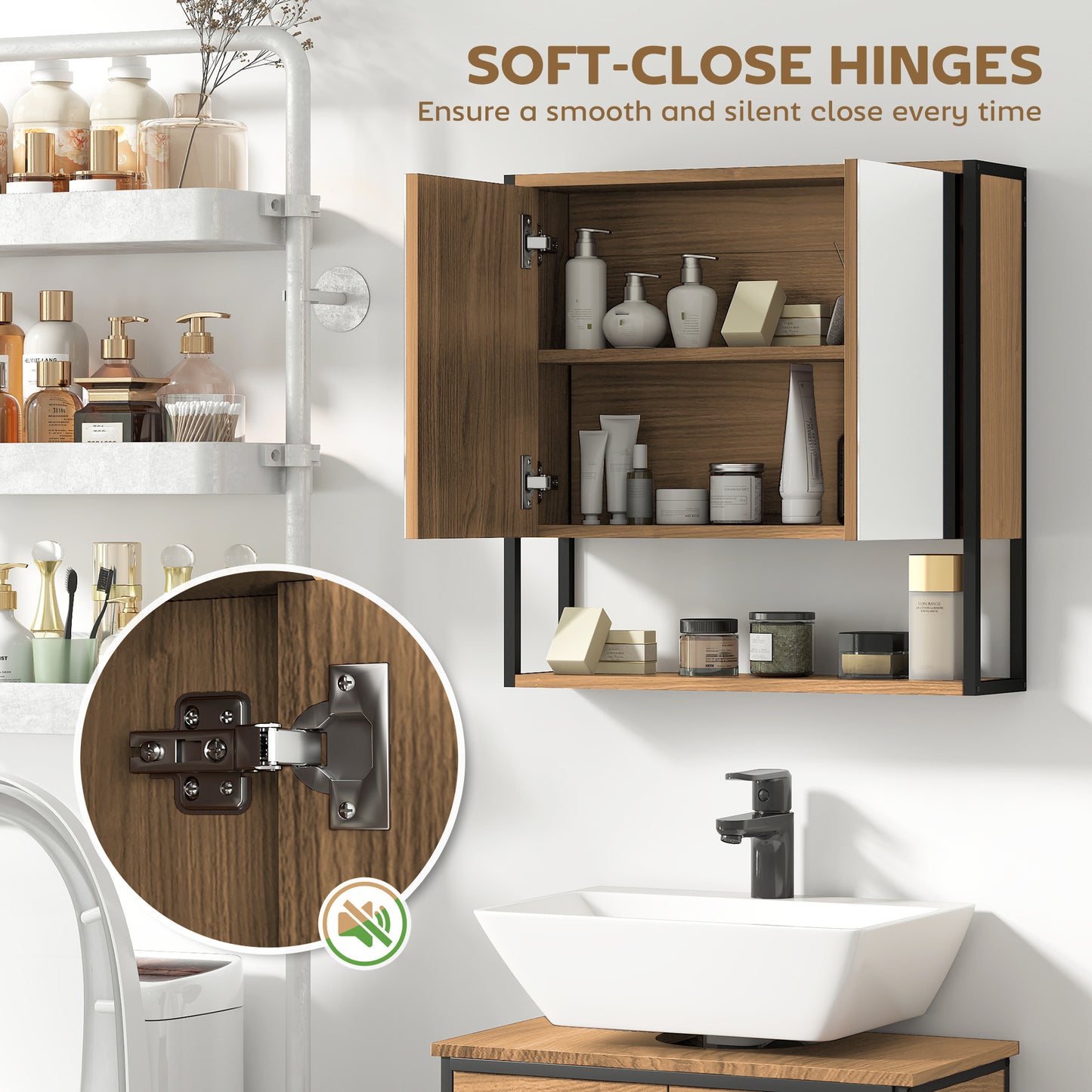 Bathroom Mirror Cabinet with Soft-Close Doors and Adjustable Shelf - Natural Wood Finish