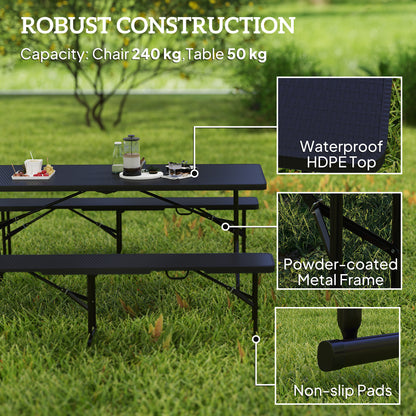 Folding Picnic Table and Bench Set, Rattan Effect Portable Camping Table and Chairs with Carrying Handles for Indoor Outdoor