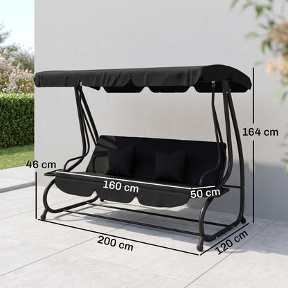 Three-Person garden Swing Chair, with Adjustable Canopy - Black