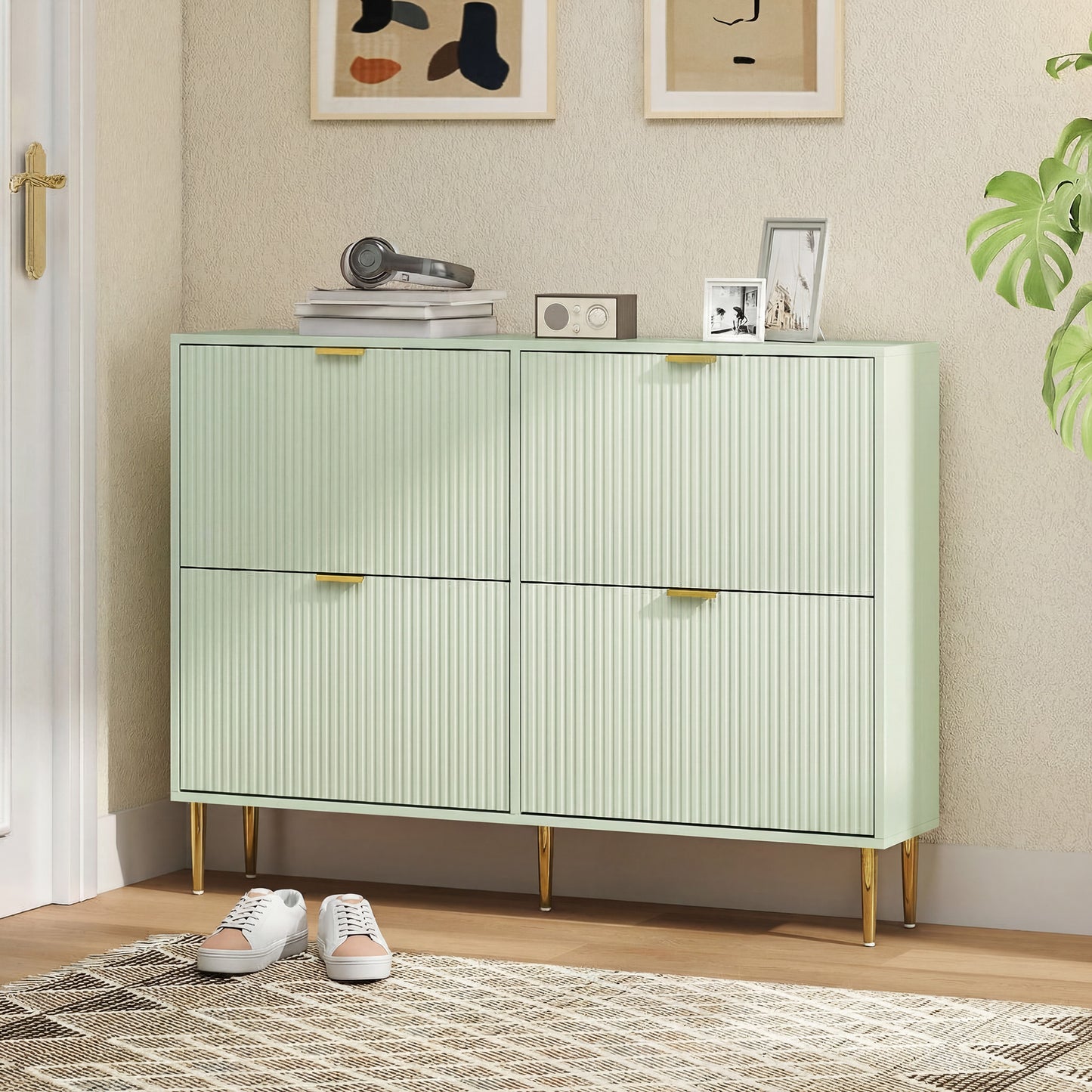 Elegant Four-Drawer Shoe Cabinet - Light Green