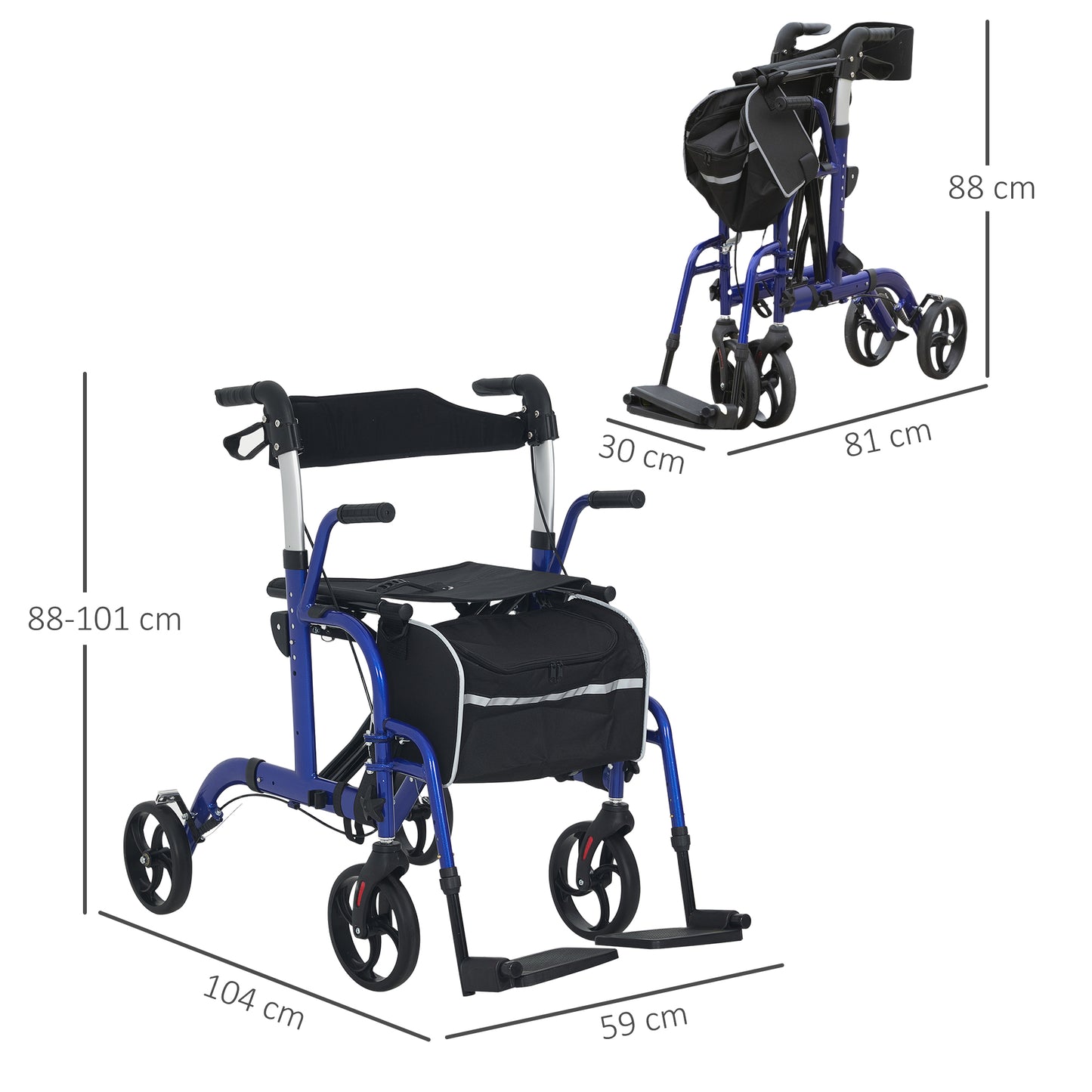 2 in 1 Wheelchair Transport Chair & Folding Rollator Walker with Seat, Backrest, Footrest, Lightweight Walking Frame