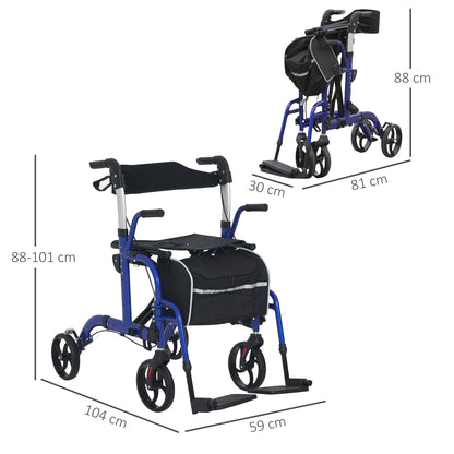 2 in 1 Wheelchair Transport Chair & Folding Rollator Walker with Seat, Backrest, Footrest, Lightweight Walking Frame