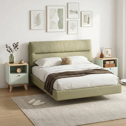 Modern Nightstand Set of 2, Bedside Table with Drawer and Open Shelf, Side End Table for Bedroom, Light Green