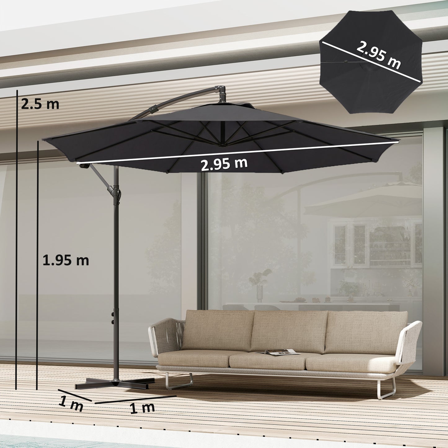 3 m Overhanging Cantilever Parasol, with Cross Base - Black