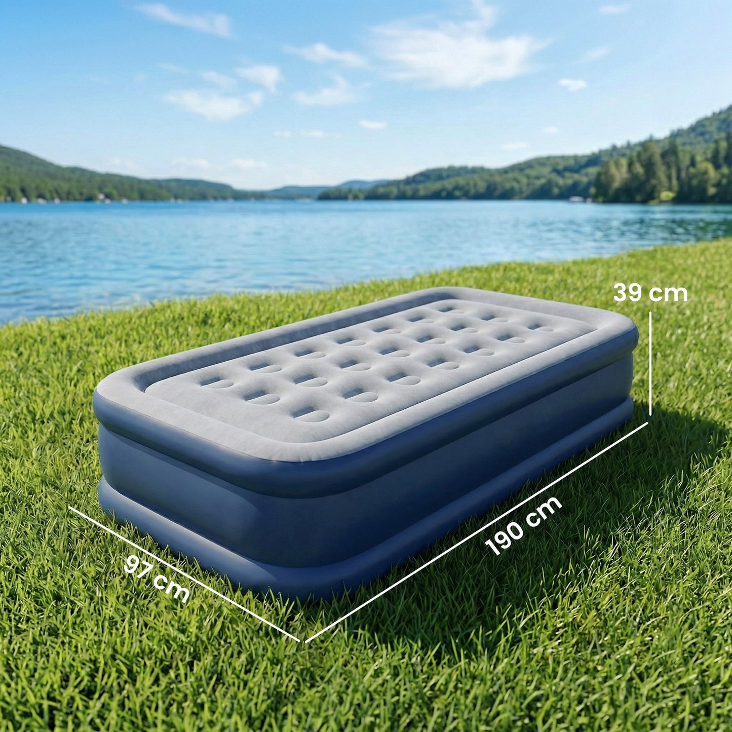 Inflatable Mattress, Single Air Bed with Built-in Electric Pump, 3 Mins Inflation, Flocked Surface, Grey
