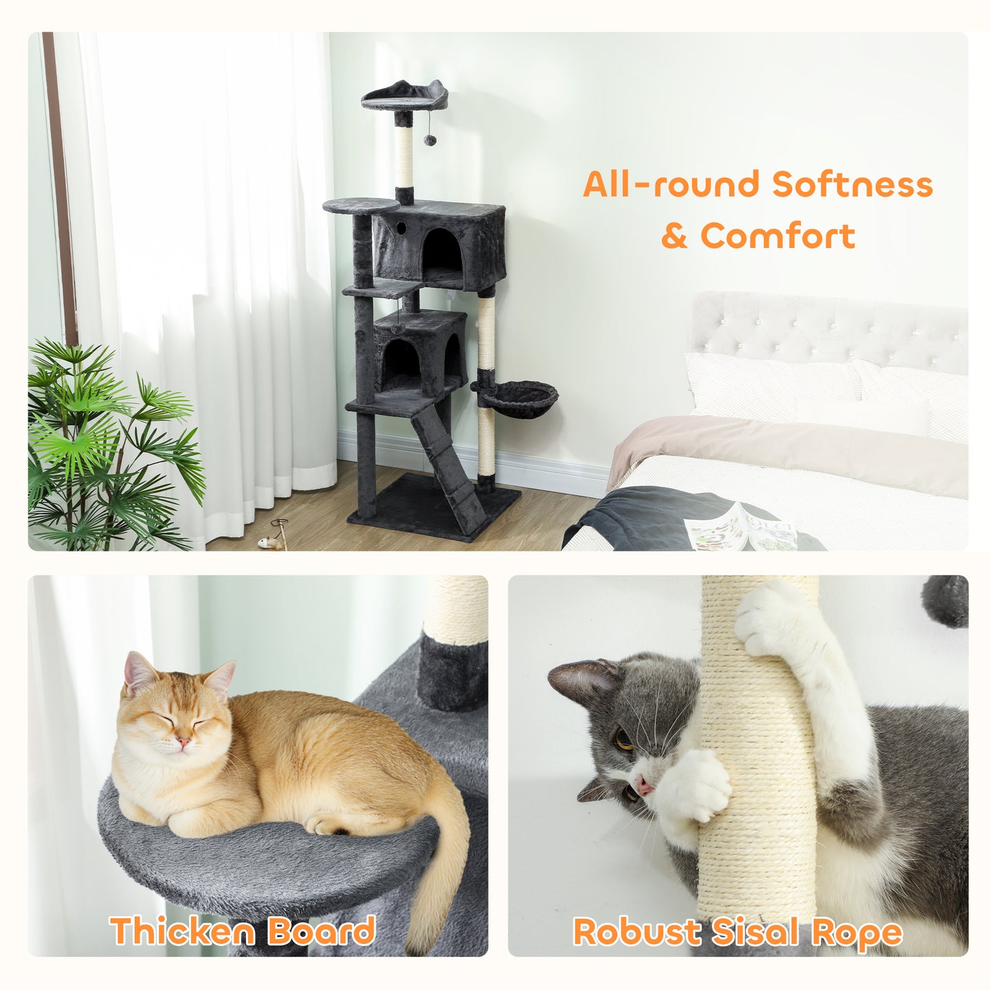 180cm Large Cat Tree Tower with Sisal Scratching Posts, Condos, Plush Perches, Hammock, Ladder, Dark Grey