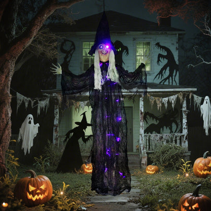 183 cm Life Size Halloween Animated Hanging Witch with Glowing LED Eyes & Body, Spooky Witch Scary Halloween Decorations