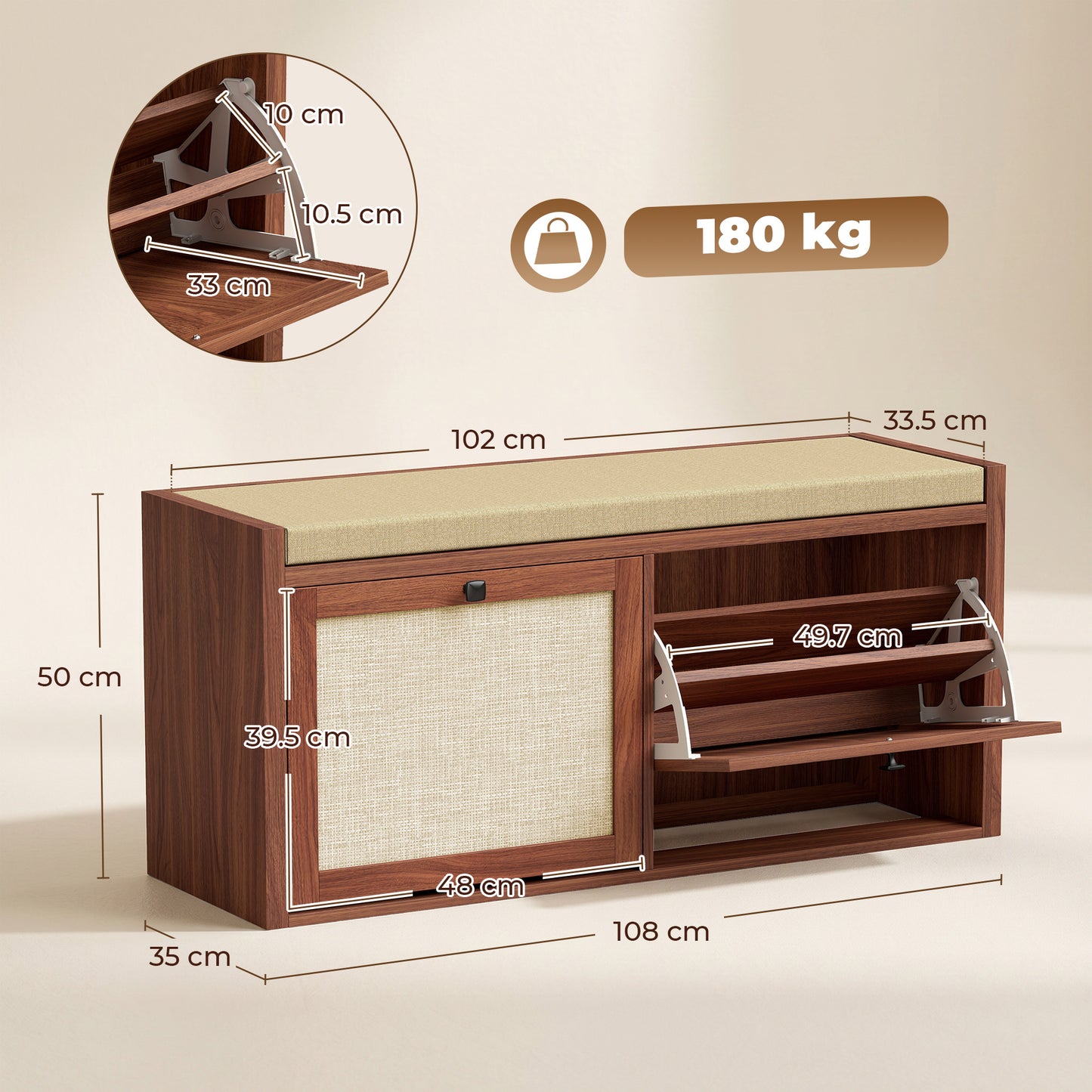 Rattan Shoe Bench with Padded Cushion and 2 Cabinets for Hidden Storage, Brown