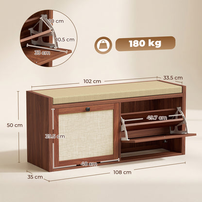 Rattan Shoe Bench with Padded Cushion and 2 Cabinets for Hidden Storage, Brown