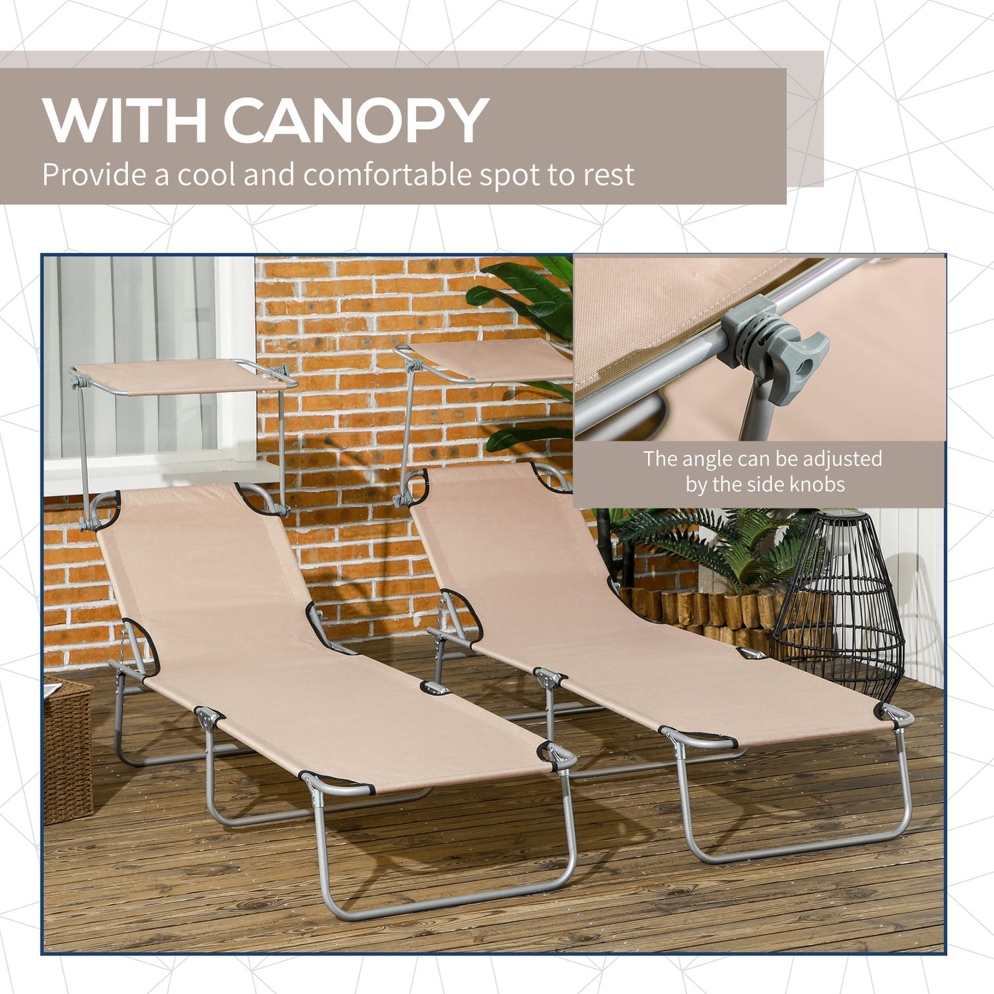Folding Sun Lounger Set of 2 with Canopy, Reclining Sunbed with 4-Position Adjustable Backrest, 600D Oxford Cloth