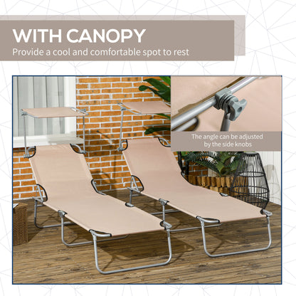 Folding Sun Lounger Set of 2 with Canopy, Reclining Sunbed with 4-Position Adjustable Backrest, 600D Oxford Cloth