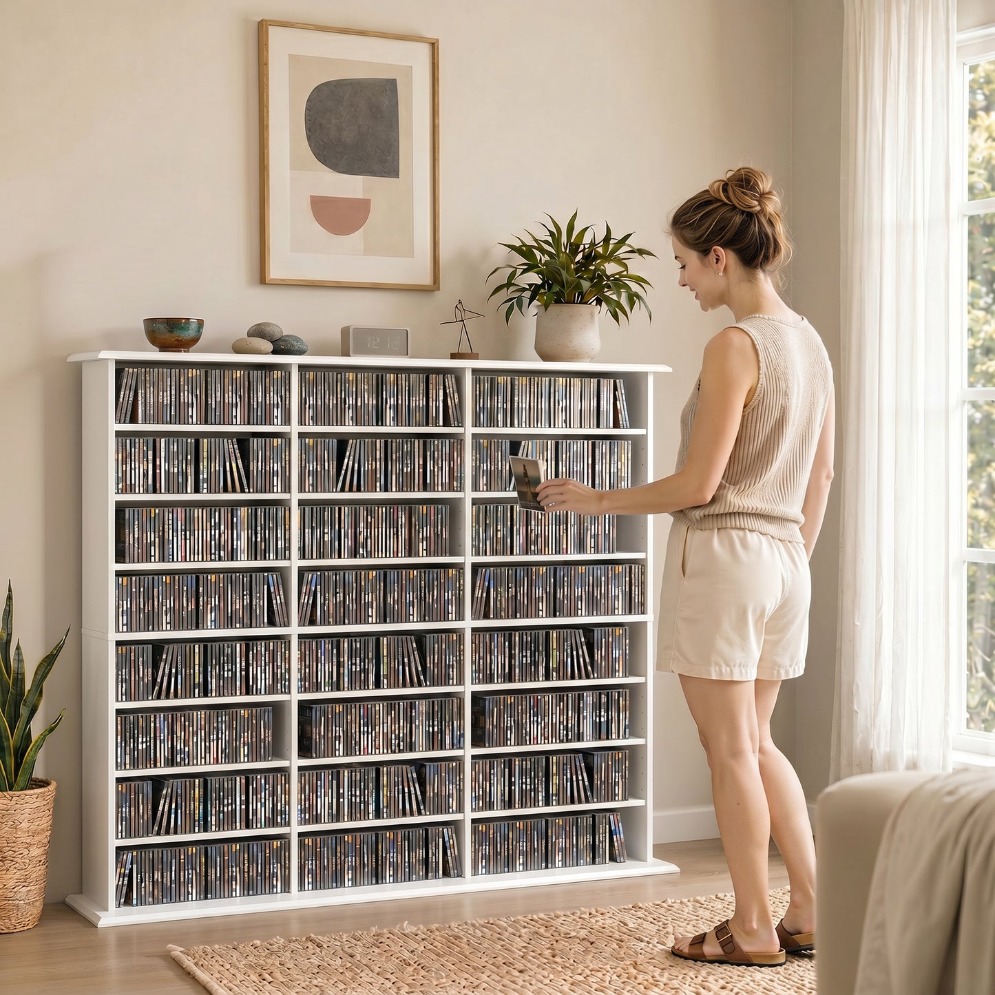 1032 CD/594 DVD Storage Unit, Blu-ray Media Storage Shelf with 24 Compartments and 18 Adjustable Shelves, White