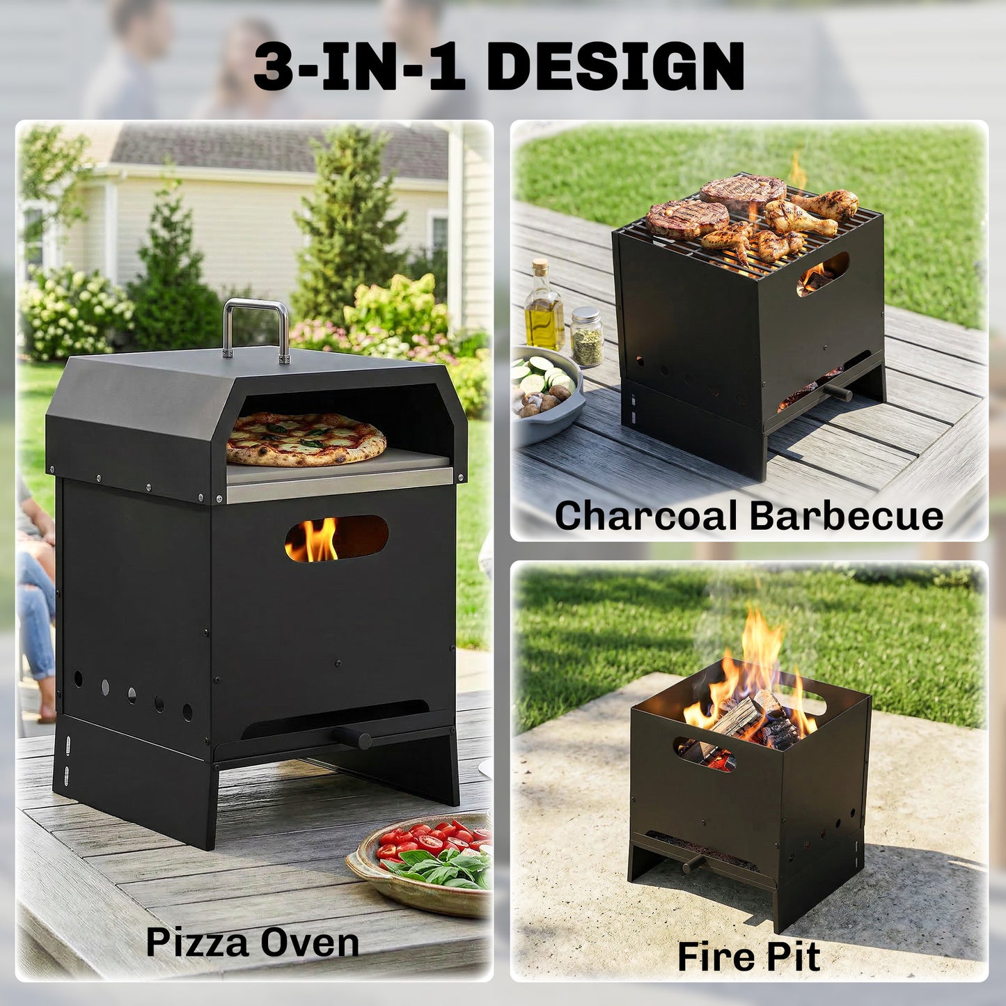 3 in 1 Outdoor Pizza Oven, Portable Wood Fired Pizza Maker with Handles, Stone and Peel