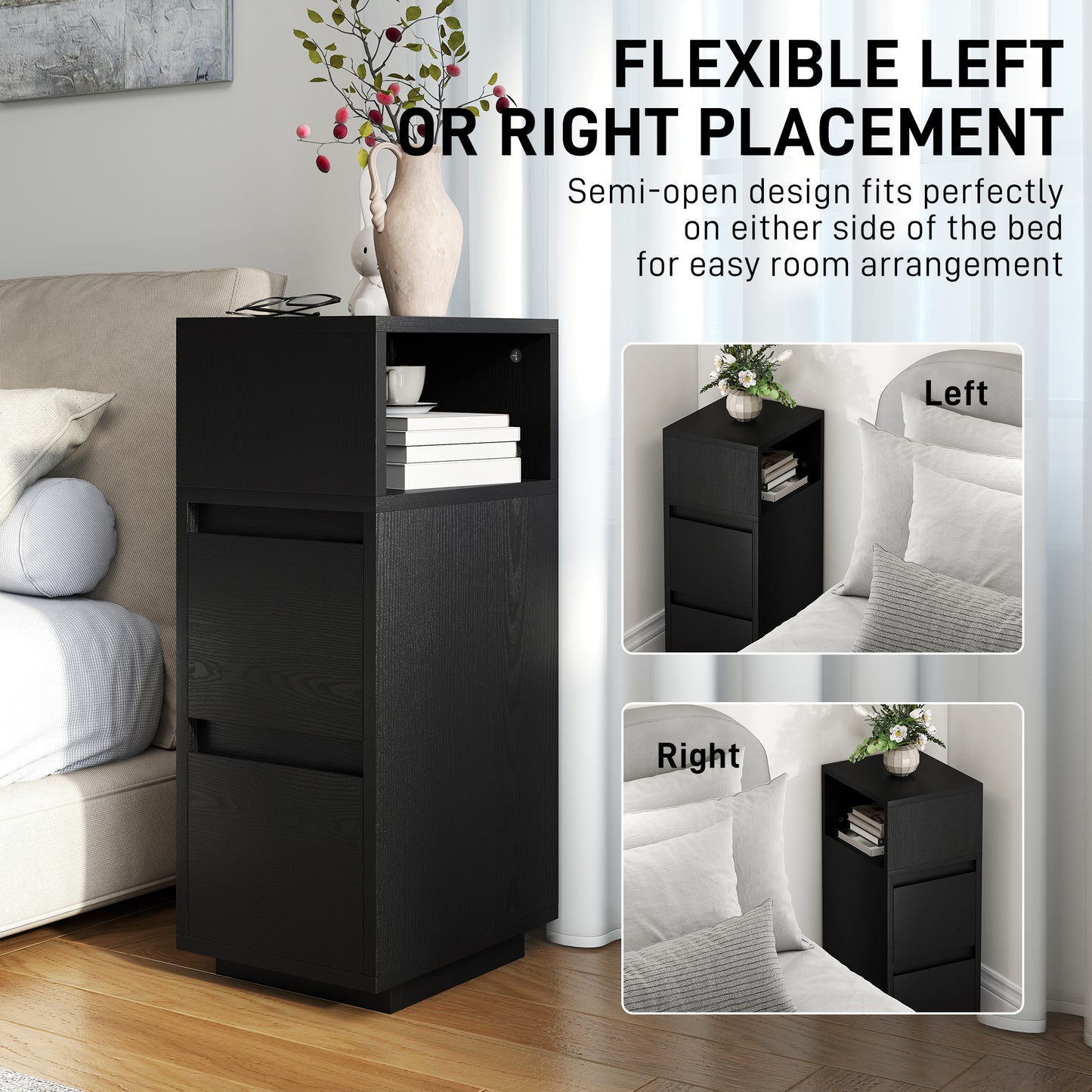 Slim Bedside Table, Narrow Bedside Cabinet with Open Shelf and 2 Drawers for Bedroom, Living Room, Black