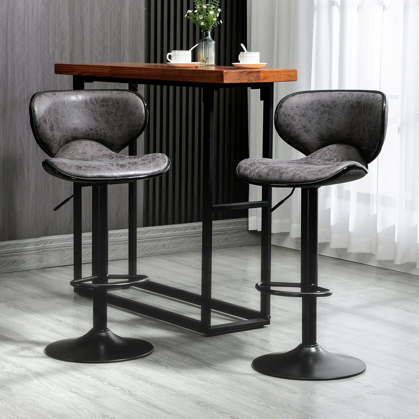 Kitchen Stools Set of 2 61-81cm Sitting Height Leather Upholstered Bar Chairs, Dark Grey