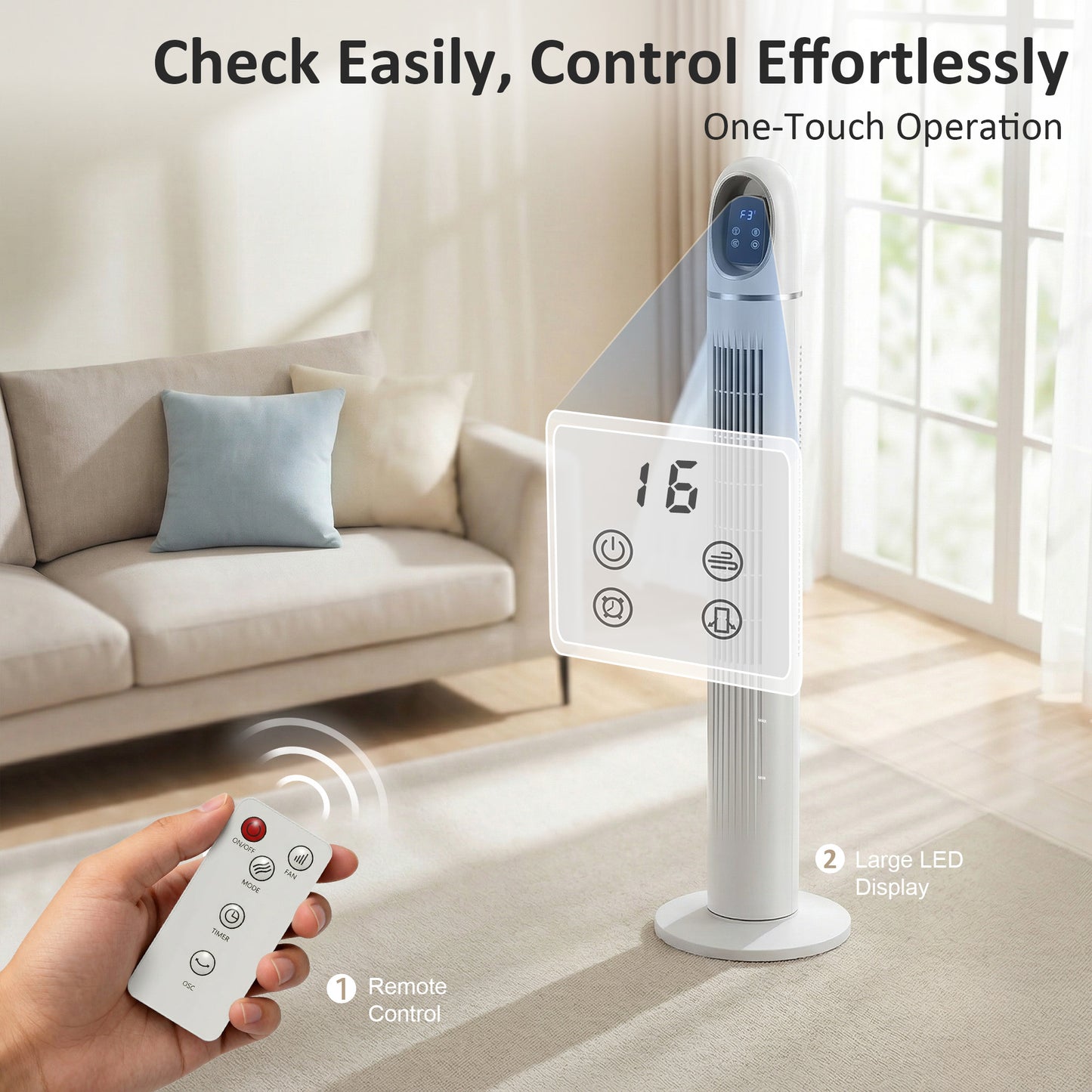 Tower Fan for Bedroom, Standing Floor Fan with Oscillating, 3 Modes, 3 Speeds, 24 Hour Timer, White